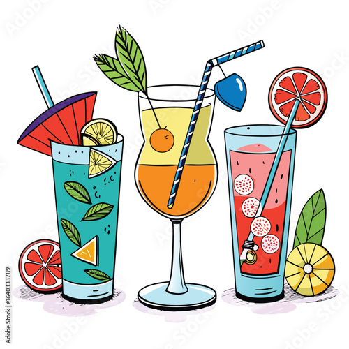 Set of Soda can, cocktail, soft drinks isolated vector illustration