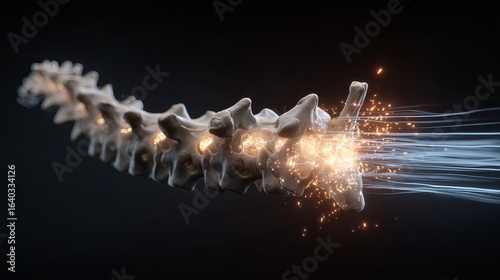 A dynamic illustration of a human spine emitting sparks and energy.