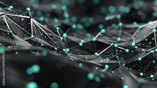 Fototapeta Naklejka Na Ścianę i Meble -  Abstract 3D rendering of a network structure with glowing teal nodes and white lines on a dark background.