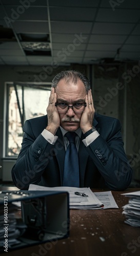 Destroyed and depressed, a businessman who lost his business, symbolizing bankruptcy, crisis, and the concept of business loss.