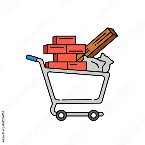 A shopping cart full of construction materials like bricks, wood, and cement is ready for a new building project, symbolizing home improvement and DIY.