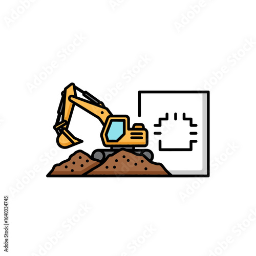 A construction excavator is depicted in a colorful, flat illustration, positioned on a pile of dirt, next to a blueprint, representing building and design.