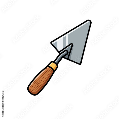 An isolated cartoon depiction of a builder's or gardener's hand trowel featuring a metallic blade and a textured wooden grip.