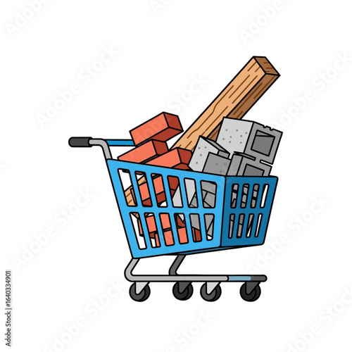 A blue shopping cart full of bricks, wood, and concrete blocks, representing construction materials for sale or a home improvement project.