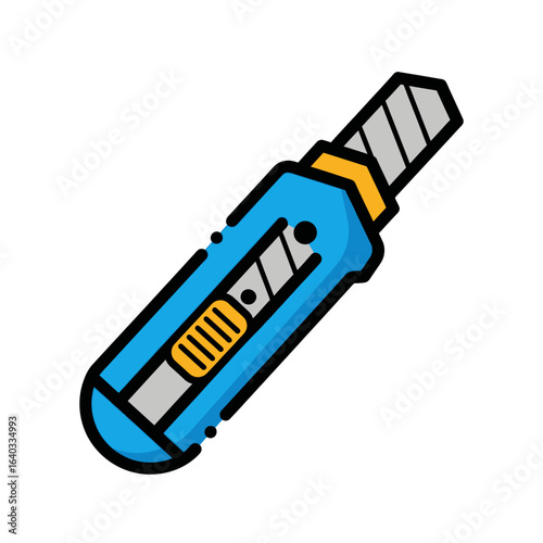 A vibrant blue utility knife with a sharp retractable blade is depicted in a clean, isolated cartoon style on a white background.