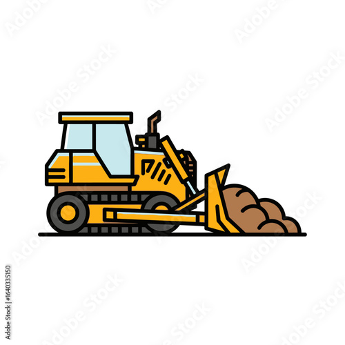 A vector illustration depicts a yellow bulldozer pushing a pile of brown earth, representing construction and earthmoving activities on a white background.
