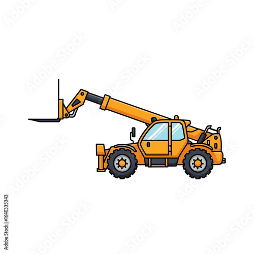 A vibrant orange telehandler, a type of specialized forklift, is depicted in a detailed illustration, showcasing its powerful lifting capabilities and versatile design, perfect for industrial or
