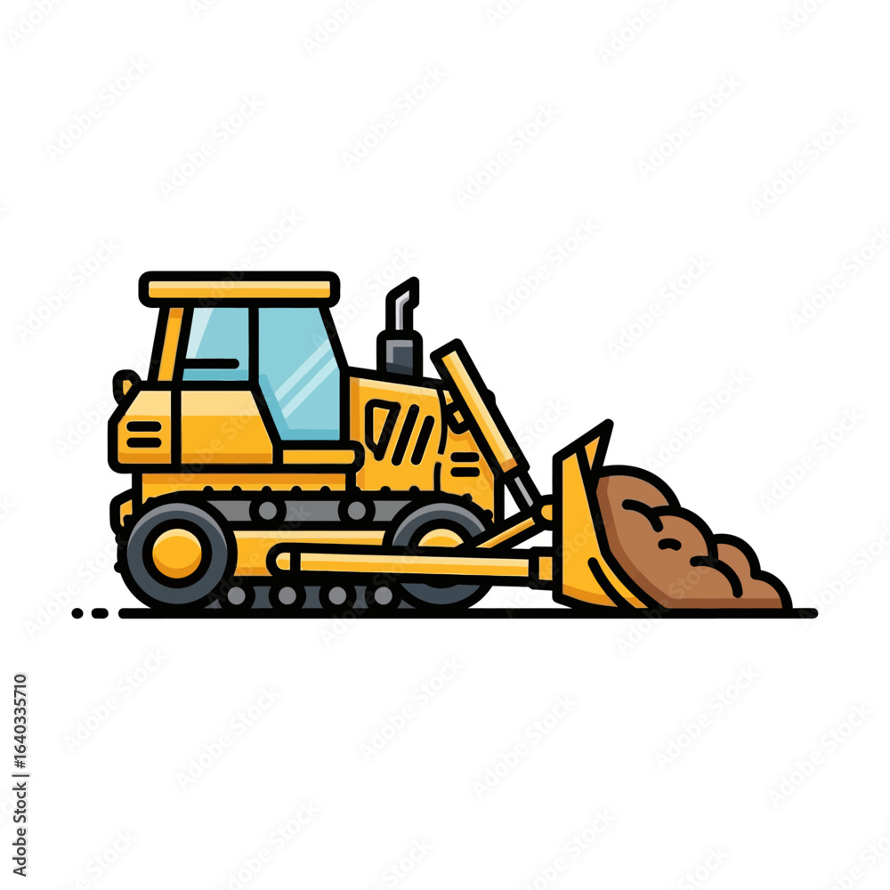 Naklejka premium A vibrant illustration showcases a yellow bulldozer pushing earth, representing construction and heavy machinery used for land development and infrastructure projects.