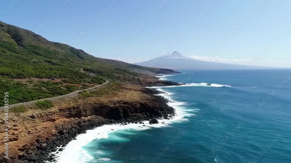 Aerial View of Rugged Volcanic Coastline, Blue Ocean, and Distant Mountain Peak with Scenic Road Aerial View of Rugged Volcanic Coastline, Blue Ocean, and Distant Mountain Peak with Scenic Road