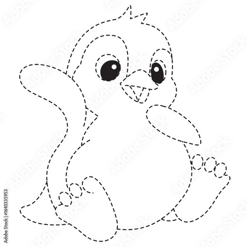 Cartoon penguin sitting with raised flipper line art for children’s coloring page.