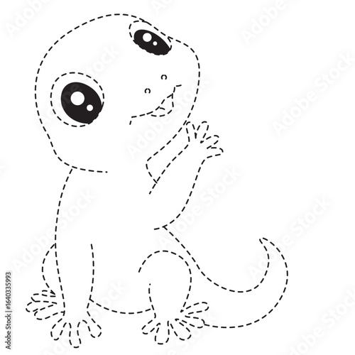 ute gecko lizard dot-to-dot coloring page for kids, standing upright with big eyes and smiling friendly expression