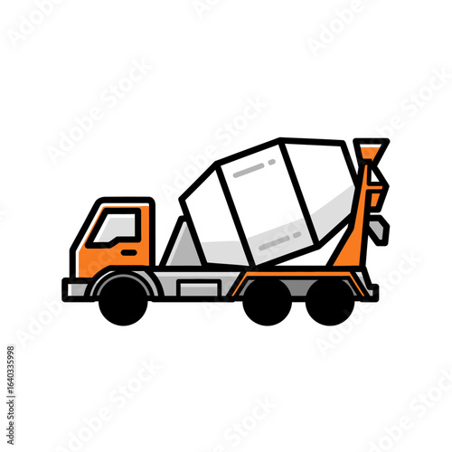 A vibrant illustration showcases a concrete mixer truck, an essential vehicle in construction, depicted with bold lines and a clean, modern graphic style.