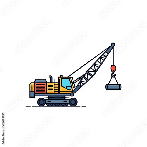 A vector illustration depicts a yellow and black construction crane lifting a cylindrical object, showcasing industrial machinery against a clean white background.