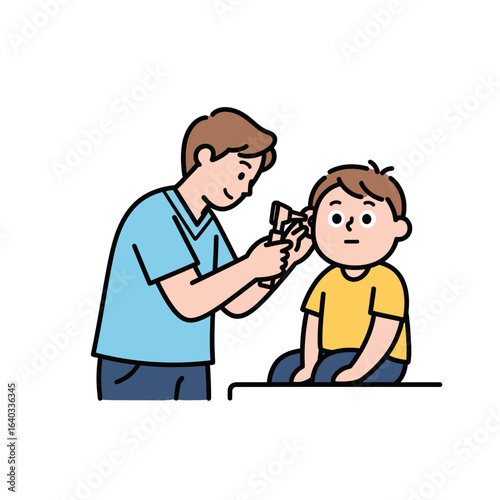 Doctor examining young boys ear with otoscope medical checkup illustration.