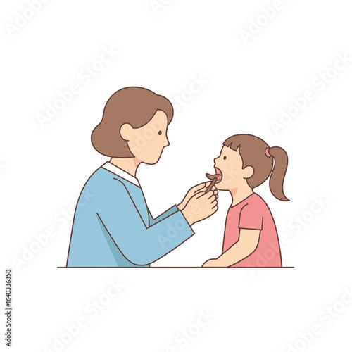 Doctor Examining Young Girls Throat with Tongue Depressor in Medical Checkup.