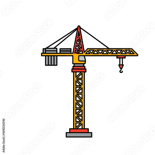 A vibrant yellow and red tower crane, a powerful symbol of construction and development, stands tall against a clean white background.