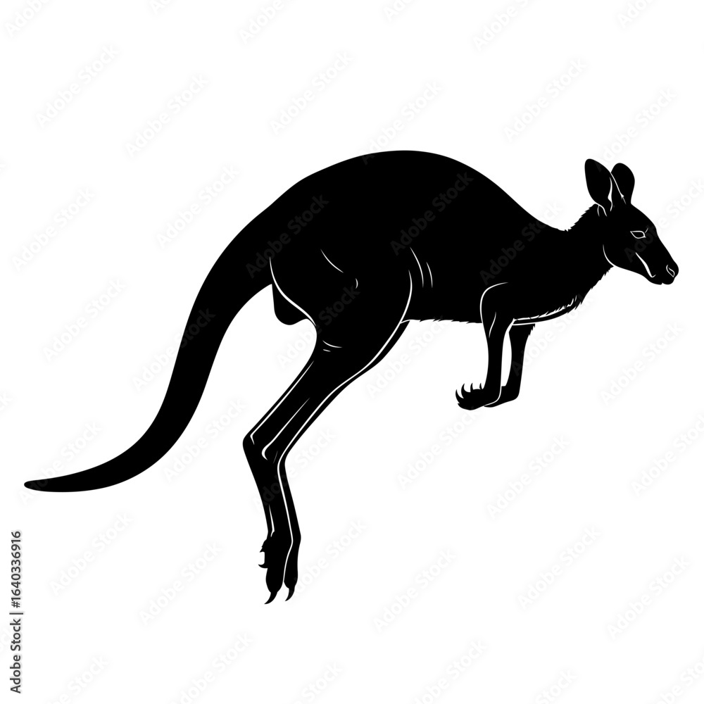 Fototapeta premium Stylized black silhouette of a leaping kangaroo with white contour line details depicted in a dynamic midair pose.