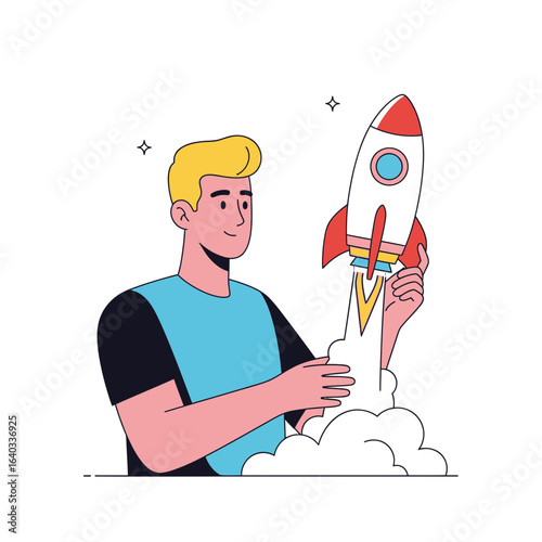 Young blonde man in a blue shirt launching a colorful startup rocket with a proud smile.