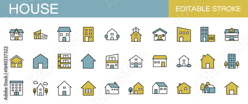 House line icon set – Includes home, real estate, building, apartment and architecture. Editable stroke. Colored vector illustration.