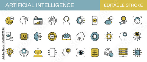 Artificial intelligence line icon set – Includes ai, technology, computing, programming and chip. Editable stroke. Colored vector illustration.