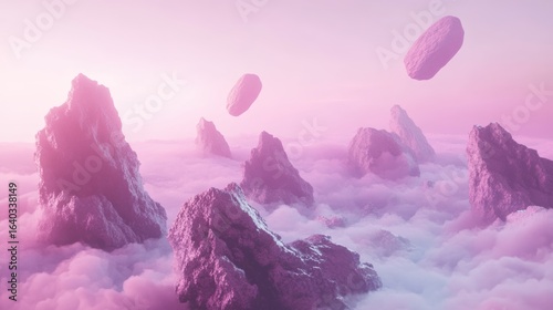 Surreal landscape featuring floating rocks amidst a vibrant pink and purple cloudscape, creating a dreamlike atmosphere.