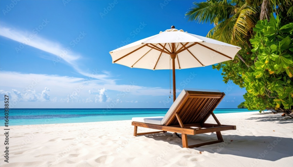 Obraz premium Tranquil White Sandy Beach with Crystal Clear Waters and Gentle Waves Under Bright Sunny Blue Sky