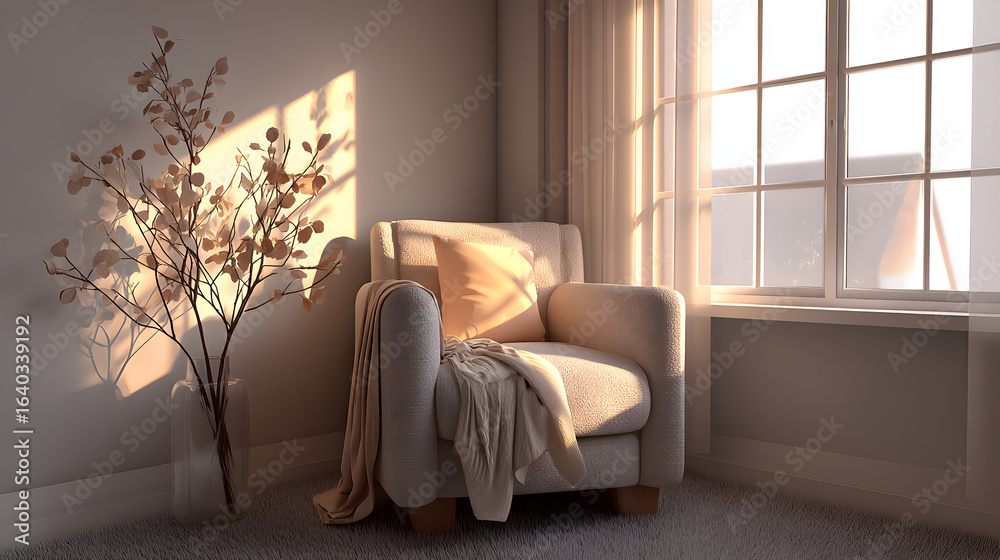 Fototapeta premium Beige armchair with throw blanket near window, illuminated by sunlight.