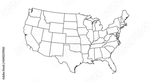 Simple black and white outline map of the United States, highlighting state borders.