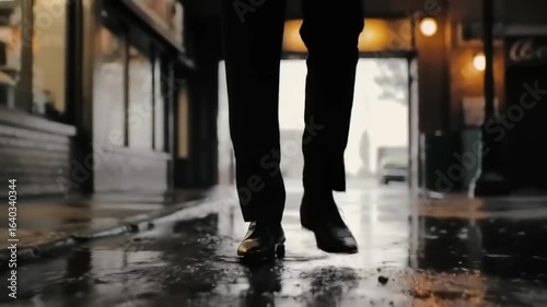 A person walking through a rain-soaked street, reflecting city lights and storefronts in the background