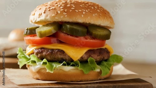 Juicy Cheeseburger with Fresh Lettuce and Melted Cheese on Wooden Board