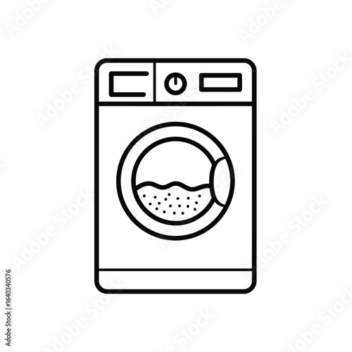Vector art of front load washing machine with water and bubbles inside the drum for cleaning laundry at home