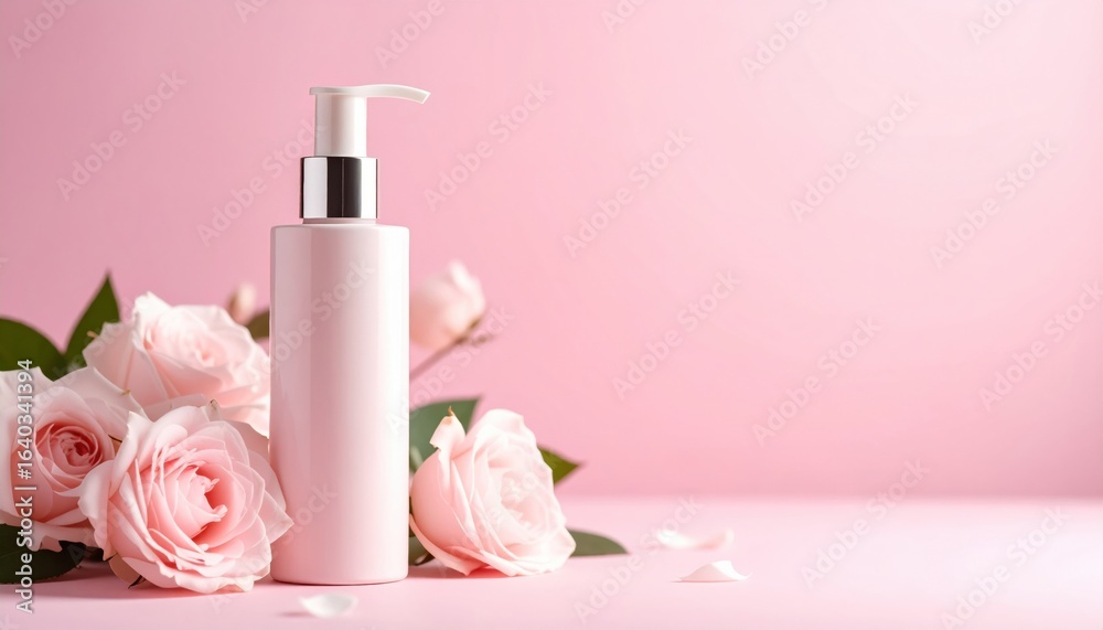 Elegant Bottle of Moisturizing Lotion Surrounded by Delicate Pink Roses on Soft Pink Background Creating Calm Elegant Bottle of Moisturizing Lotion Surrounded by Delicate Pink Roses on Soft Pink Background Creating Calm