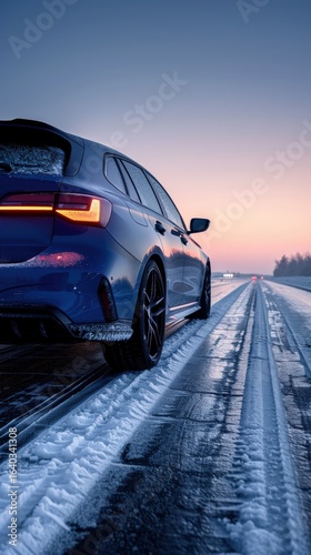Blue car winter road driving sunset