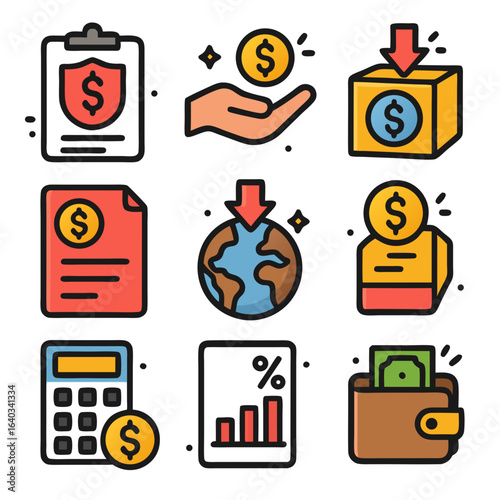 Import fees may apply for this ninefinancialthemed icon set with money and a calculator. Perfect for financial apps, websites, and presentations.