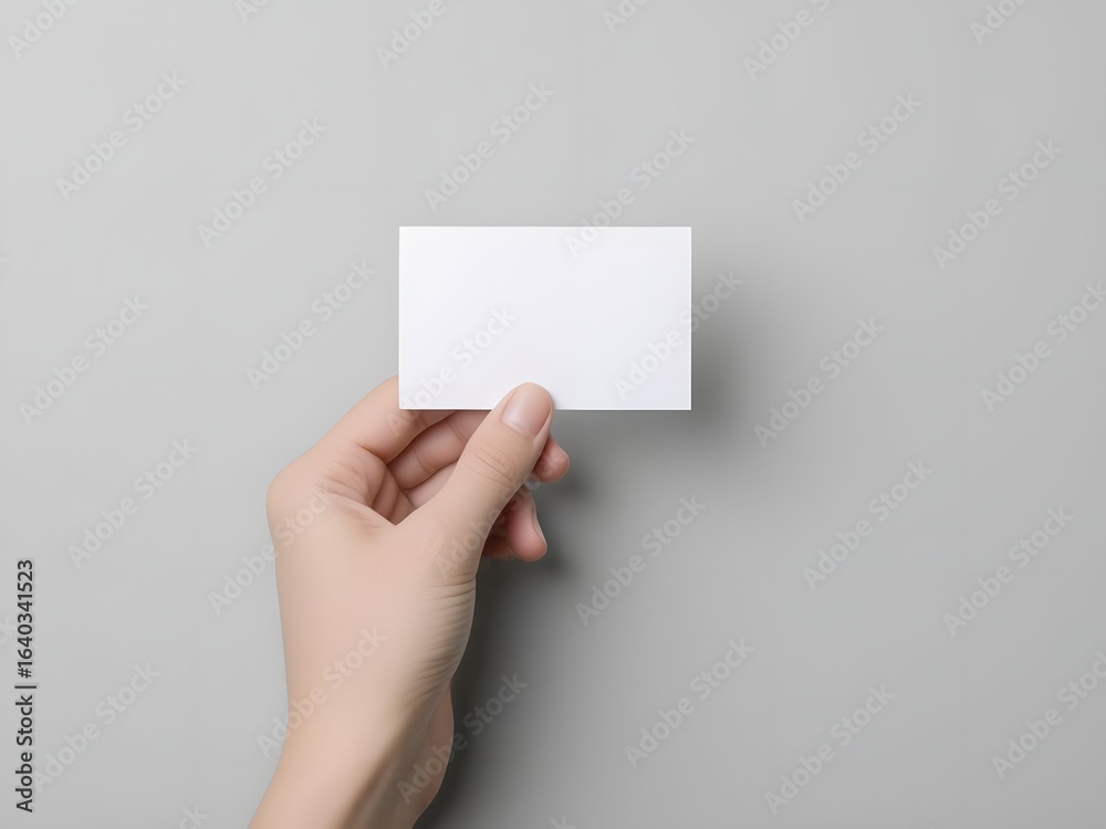 Obraz premium Hand holding blank white card mockup ready for your design or message on a neutral background