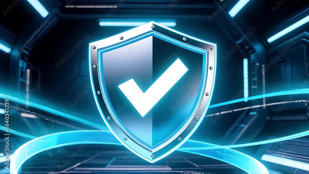 Futuristic Digital Shield with Check Mark Symbol Ensuring Cybersecurity, Protection, and Safety Advanced Technology Environments for Enhanced Digital