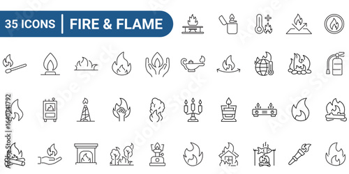 Thirty five fire, flames icons with outline style, suitable for web and app design projects, fire safety graphics, and branding. editable stroke. vector illustration