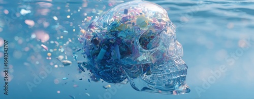 Microplastic and Our Brain – Skull Overflowing with Colorful Plastic Debris
