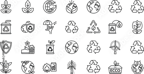 Ecology and environment icons set featuring recycle, eco, green energy, and sustainable resources for nature conservation projects