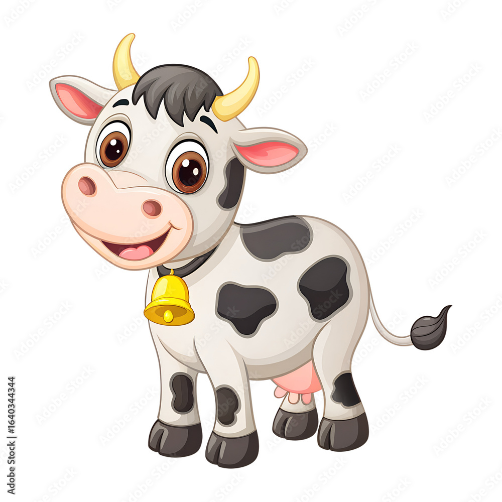 Fototapeta premium The image depicts a smiling cartoon cow with black spots, a bell, and a cheerful expression.