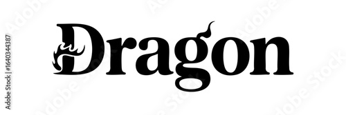 Dragon Text Logo with Fire Elements, Black Decorative Typography on Transparent Background, Fantasy Word Art for Branding and Design