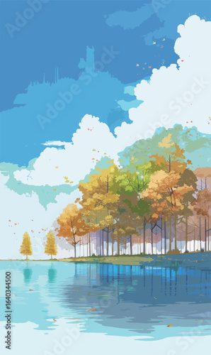 A painting of a lake with trees and clouds in the background. The trees are orange and the sky is blue