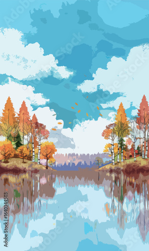 A painting of a lake with trees and clouds in the background. The trees are orange and the sky is blue