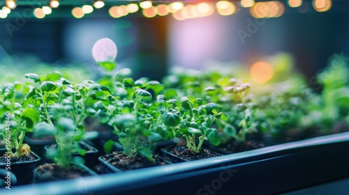 Seedlings growing under lights