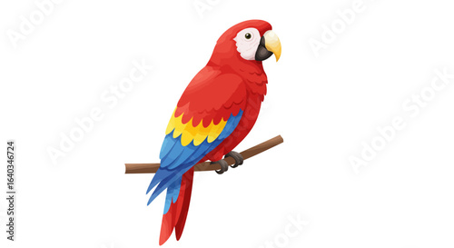 A vibrant scarlet macaw with striking red blue and yellow plumage perches gracefully on a natural wooden branch displaying its tropical beauty and exotic charm against a clean white background a truly