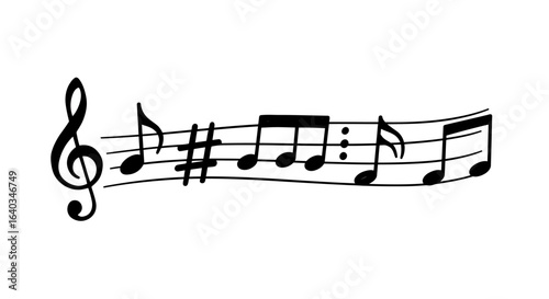Melody comprising musical notes and clefs showing a treble clef sharp and eighth notes forming a musical phrase with a tied note and a sixteenth note at the end