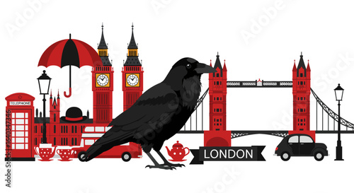 Majestic Black Raven Perched Amidst Iconic London Landmarks and Symbols Representing British Culture and Heritage