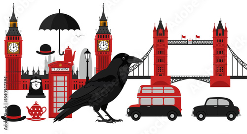 A Majestic Raven Perched Amidst Iconic London Landmarks Such As Big Ben And Tower Bridge Accompanied By A Classic Red Double Decker Bus And A Traditional Red Telephone Box Evoking The Essence Of The U
