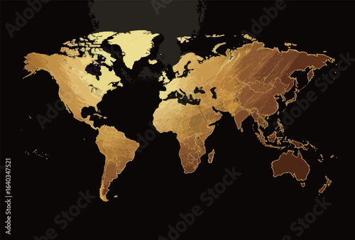 A gold colored map of the world is shown on a black background. The map is very detailed and has a luxurious feel to it