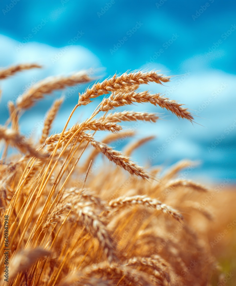 Fototapeta premium A field of golden wheat with a blue sky in the background